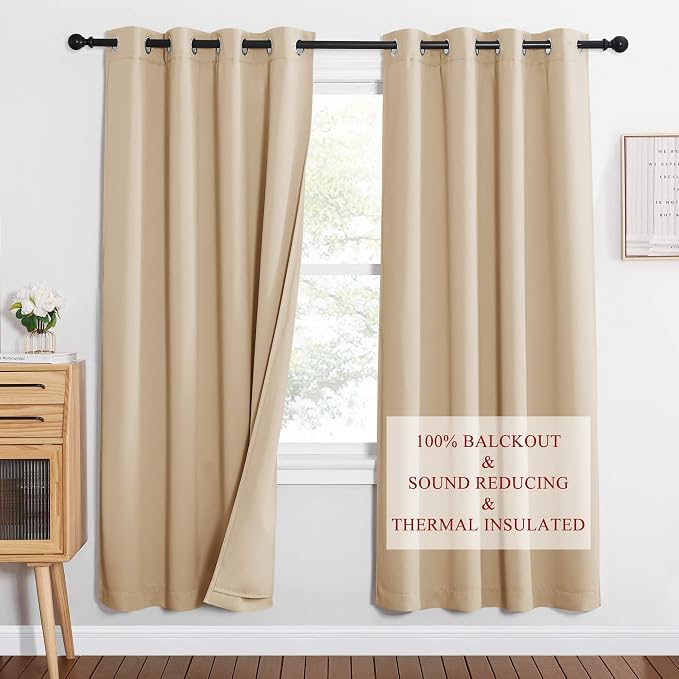 NICETOWN Living Room Noise Reducing Draperies, Privacy Protection & Completely Shaded Sound Blocking Drapes, Lined Insulated Window Treatment Curtain Panels (Biscotti Beige, 2 Pieces, W52 x L72)
