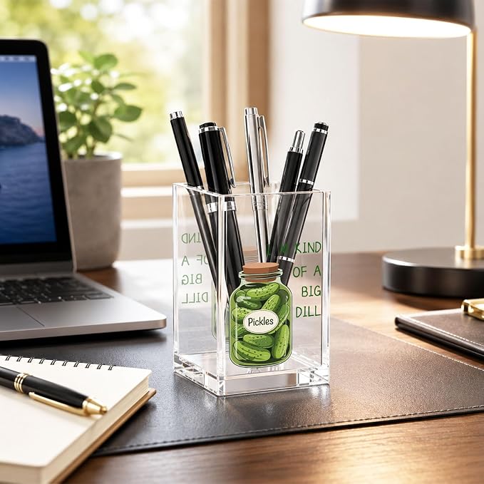 Funny Pickle Acrylic Pen Holder Cup, Cute Pickle Desk Decor, Pencil Holder Organizer, “Big Dill” Humor Office Accessories, Coworker Gift for Women Men