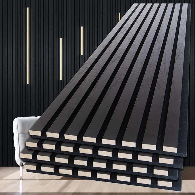 NeatiEase Wood Panels for Wall, 4-Piece 120" x 12.6" Soundproof Wood Slat Wall Panel for Interior Wall Decor Noise Cancelling, Acoustic Wall Panels, Sound Absorbing Panel (Black)