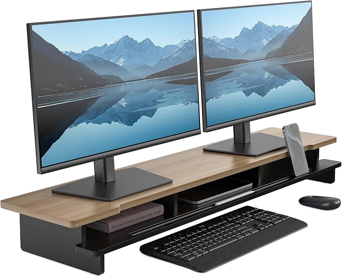 42.5” Dual Monitor Stand Desk Shelf with Phone Tablet Holder | Monitor Riser for 55-72 Inch Desk Cozy Computer Setup Workplace Organizer Keyboard Storage Compact Ergonomic Black