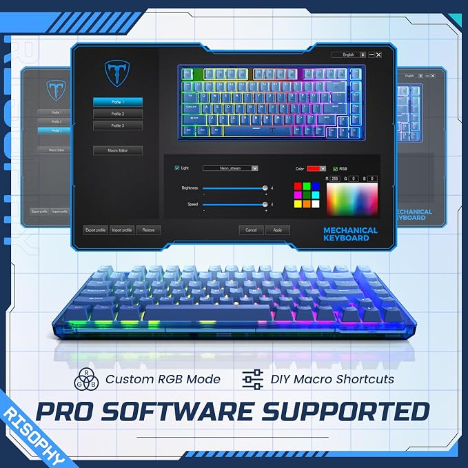 RisoPhy 60 Percent Mechanical Gaming Keyboard - 82 Keys Hot Swappable, Linear Silent Red Switches, Blue PBT Keycaps, Compact Mini RGB Led Backlit Wired, Pro Driver Supported