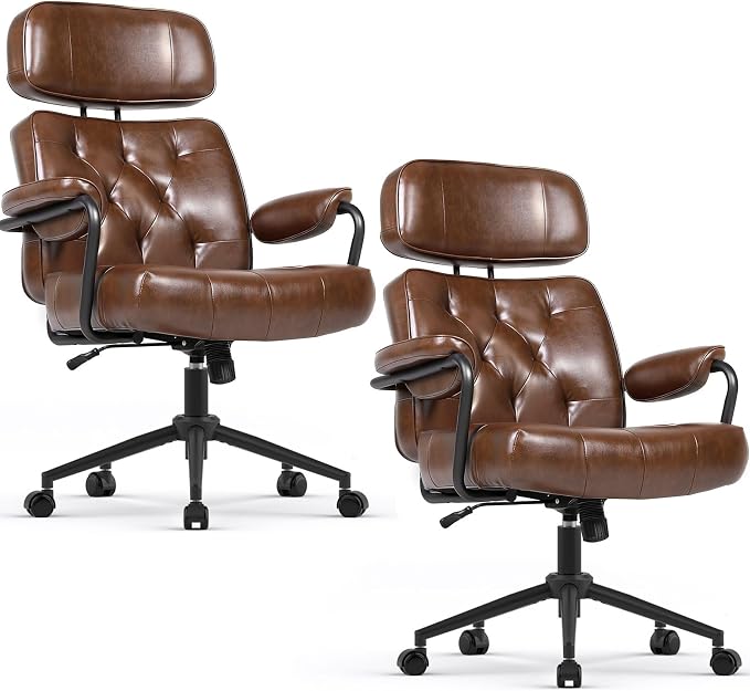 Mid Century Modern Home Office Desk Chair, Ergonomic Office Chair Big and Tall, High Back Executive Office Chair Leather Extra Wide, Computer Chair Comfy, Adjustable Height Rolling Chair, Caramel 2PC