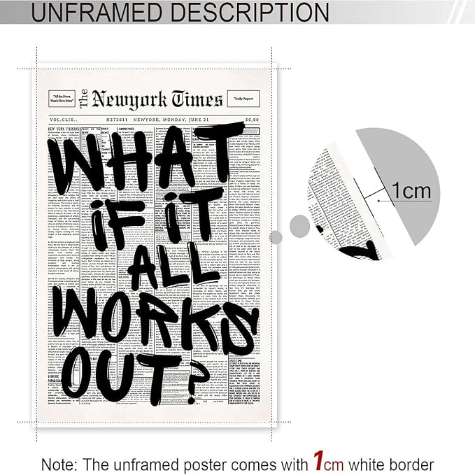 Drimiler Retro Black And White Newspaper Poster What If It All Works Out Canvas Wall Art Positive Affirming Quote Minimalist Prints Painting For Home Bedroom Dorm Wall Decor 8x12in Unframed