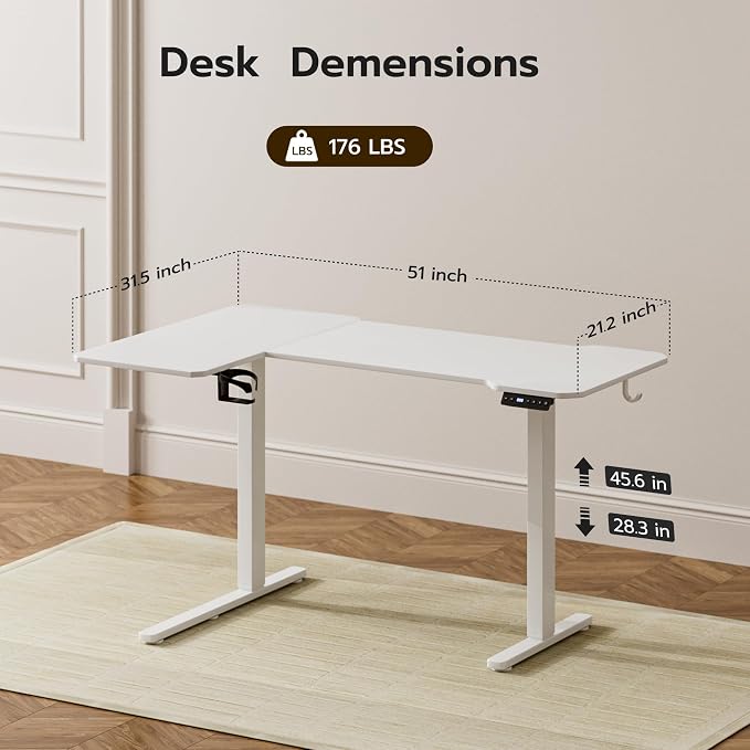 Acrolix L Shaped Electric Standing Desk - 51x31.5 Inch Reversible Corner Sit Stand Desk with Hook&Cup Holder,Electric Height Adjustable Table,for Small Home Office&Bedroom Computer Desk, White