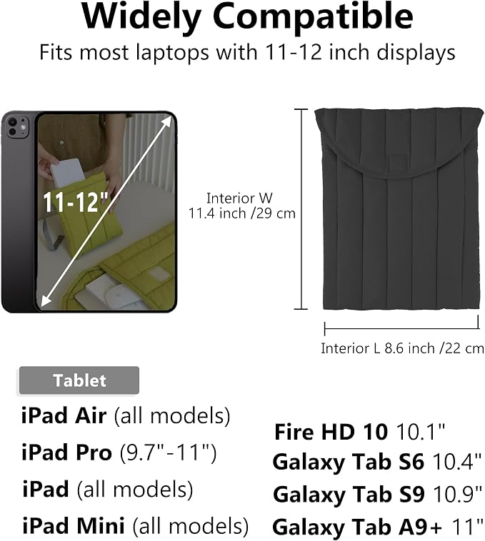 Puffy Laptop Sleeve 11-12 Inch Black, Protective Carrying Case for Men and Women, Cute Case Bag Compatible with 11 and 12 Inch Laptops, 10.9" Ipad 10, 10.2" Ipad 7 8 9 in Cover