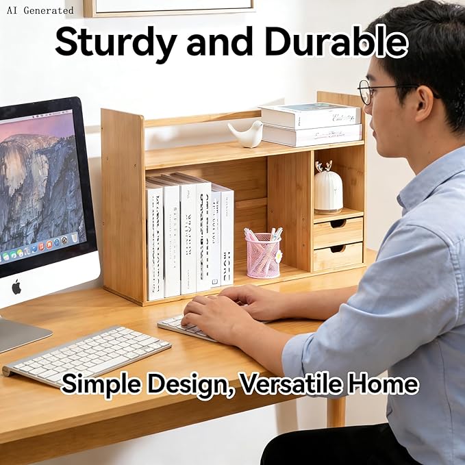 Bamboo Desktop Bookshelf 2-Tier Desk Organizer with Drawers | 22.8"x7.5"x18.1" size with rounded corners, fit office dorm bedroom; holds books & stationery, easy to assemble