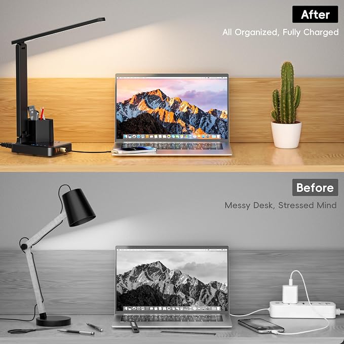 cozoo LED Desk Lamp for Dorm with USB Charging Ports and AC Outlets, Modern Dimmable Eye Cariing Desk Light for Home Office with Pen Holder, Kids Small Table Lamp for Reading, Bedroom, Study, Craft