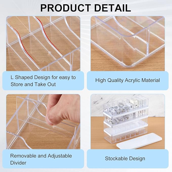 Tatuo 4 Pcs Cord Organizer for Drawer Desktop, Cable Organizer Box with 8 Compartments and Wire Ties, Plastic Charger Storage with Lid, Electronics Case for Home Office Accessories (Small,Clear,White)