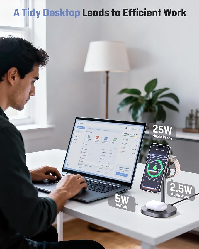 Augnner 3 in 1 Wireless Charging Station, 25W Certified Fast Magnetic Charger, Mag-Safe Wireless Charger Stand with TEC Active Cooling, for iPhone17/16/15/14/13/12, Apple Watch/AirPods