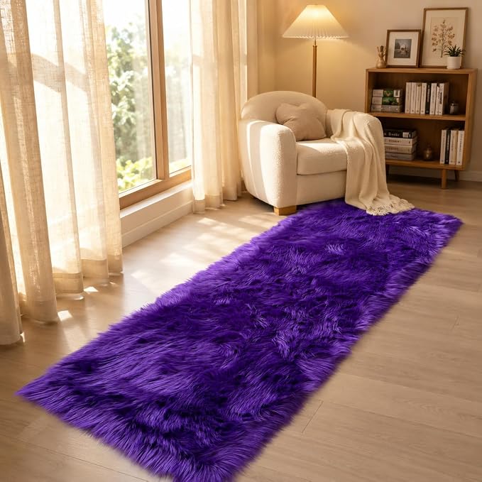 EasyJoy Faux Sheepskin Rug, Fluffy Faux Fur Rug, Ultra Soft Shag Area Rug with Non-Slip Backing for Bedroom, Living Room, Nursery, Kids Room(2x6 ft Rectangle, Dark Purple)