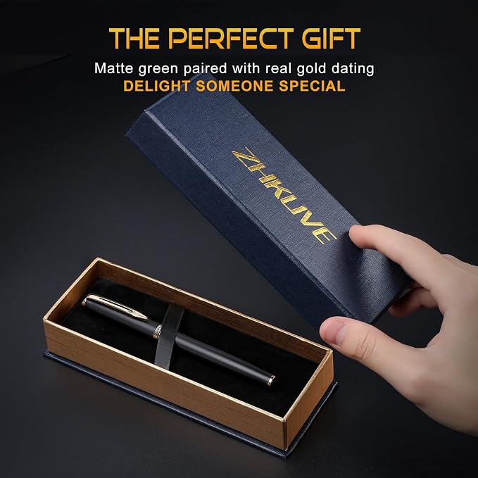 ZHKUVE Luxury Rollerball Pen, Stunning Black Lacquer with 24K Gold Trim, Switzerland Tip with Black Ink Refills, Elegant Gift Set for Men & Women, Executive Writing