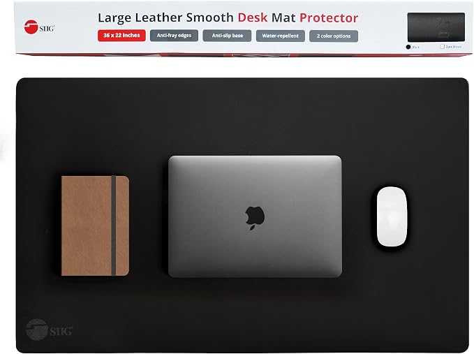 SIIG Extra-Large Vegan Leather Desk Mat, 36 x 22, CE-PD0412-S1 | Protect a 36 x 22" desktop with a smooth vegan-leather surface for a laptop, keyboard and mouse.