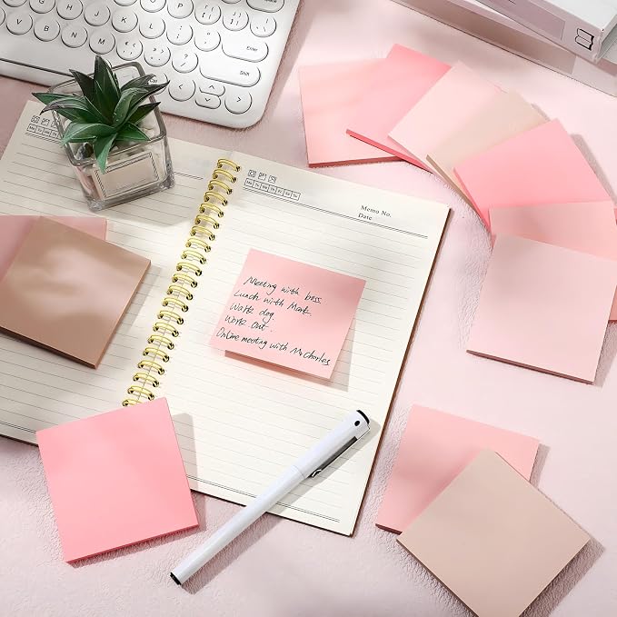 Thenshop 12 Pads Pink Sticky Notes 3''x3'', Self Stick Notes Pads Pink Office Supplies, Vintage Aesthetic School Accessories 50 Sheets/pad