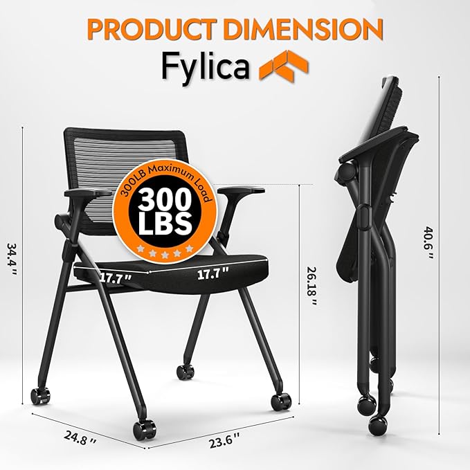 Foldable Office Chair with PU Wheels and Smooth Armrest-Ergonomic Mesh Bouncing Back, Stackable Conference Room Chair, Office Guest & Reception & Meeting Chair (Black)