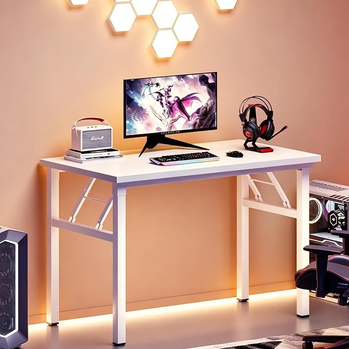 sogesfurniture 39.4 inches Foldable Computer Desk, No Assembly Small Collapsible Table Workstation for Home Office, Portable Folding Study Table Writing Gaming Desk for Small Spaces, White
