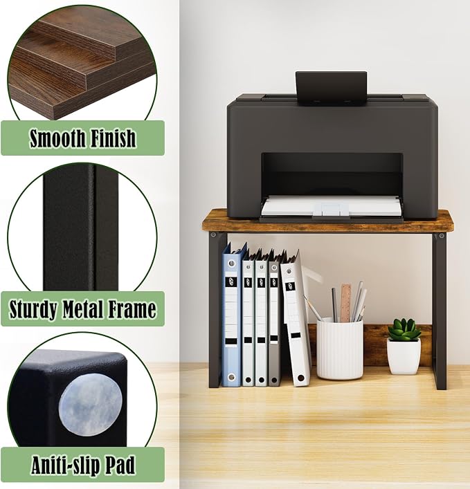 MARTY Printer Stand for Desk, Desktop Shelf Printer Riser for Home Office | Desktop Printer Stand, 17.1"x12.4", Printer Shelf, Small Printer Table for Fax Machine Copier Scanner, Desk Organizer, Brown