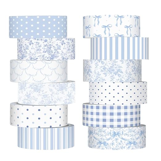 12 Rolls Watercolor Floral Washi Tape Set 15 mm Vintage Flower Decorative Masking Tape for Summer School Arts DIY Craft Scrapbook Journal Supplies Gifts(Blue and White,Floral)