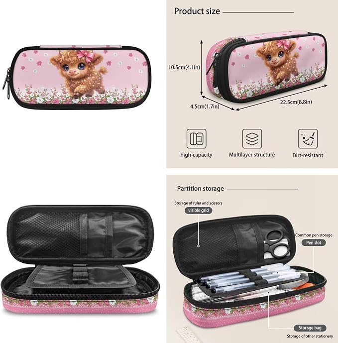 ZFRXIGN Cute Highland Cow Kids Backpack for Girls 4-6 6-8 Bookbag with Cute Pendant 17inch Elementary School Bag and Insulated Lunch Box Portable Pencil Case