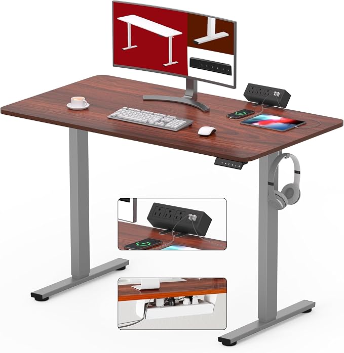 SANODESK Electric Standing Desk with Desk Clamp Power Strip 40"x 24" Whole-Piece Desktop Height Adjustable Stand Up Desk with Cable Management Sit Stand Home Office Desk Silver Frame/Mahogany Top