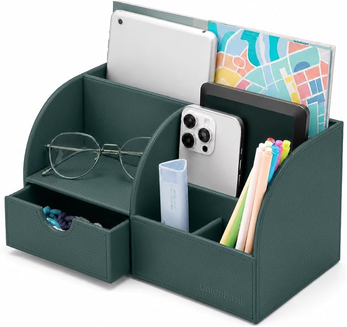 UnionBasic Desk Organizer - Multifunctional Leather Desktop Pen Holder Storage Box - Business Card/Pen/Pencil/Mobile Phone/Stationery Holder, Dark Ivy