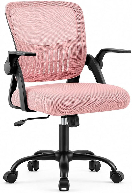 Ergonomic Office Chair, Home Office Desk Chair, Breathable Mesh Desk Chair with Adjustable Lumbar Support and Flip-up Armrests, Game Chairs, 360° Swivel Desk Chairs for Conference, Meeting Room(Pink)