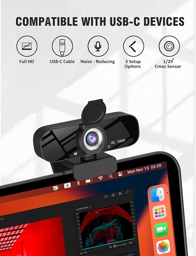 HD 1080P Webcam with Built-in Microphone and Rotatable Tripod, 1080P Video and Wide Angle Camera, Privacy Cover, for Desktop PC or Laptop Computer （Grey）