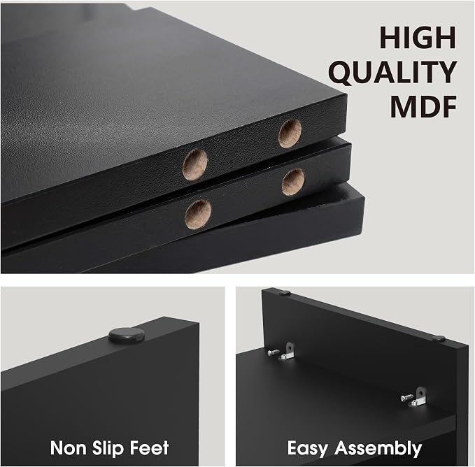 Fenge 31.5 Inch Dual Monitor Stand Riser for Desk, Black | Wooden Desk Shelf, 2-Tier Open Storage Compartment, for PC Laptop Screen Printer, Home Office Desktop Organizer