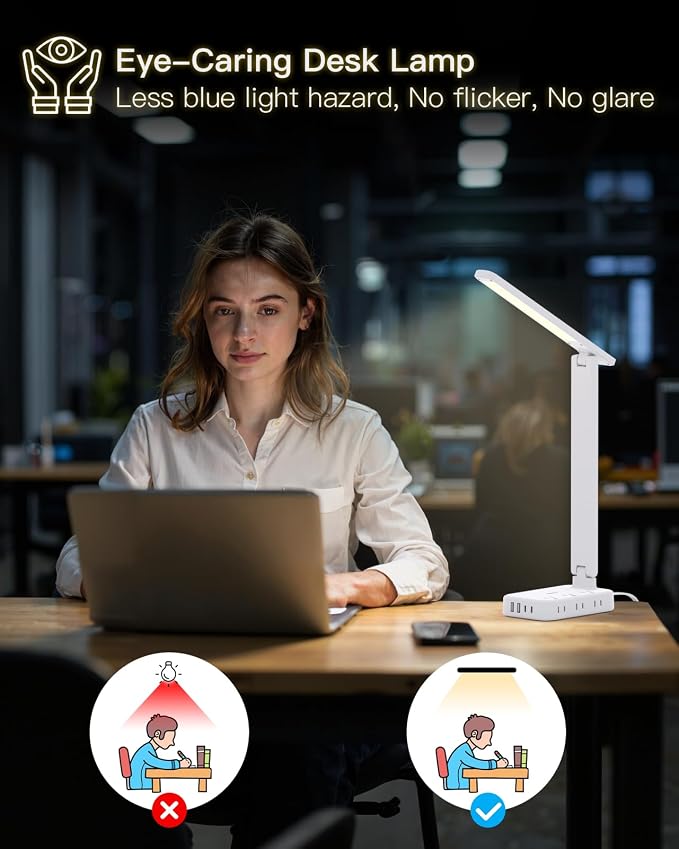 One Beat Desk Lamp with 6 AC Outlets & 4 USB Ports (2 USB-C), Touch Control LED Lamp, 4 Color Modes 5 Brightness Levels,Eye-Caring Reading Lamp,5ft Cord,Home Office College Dorm Room Essentials