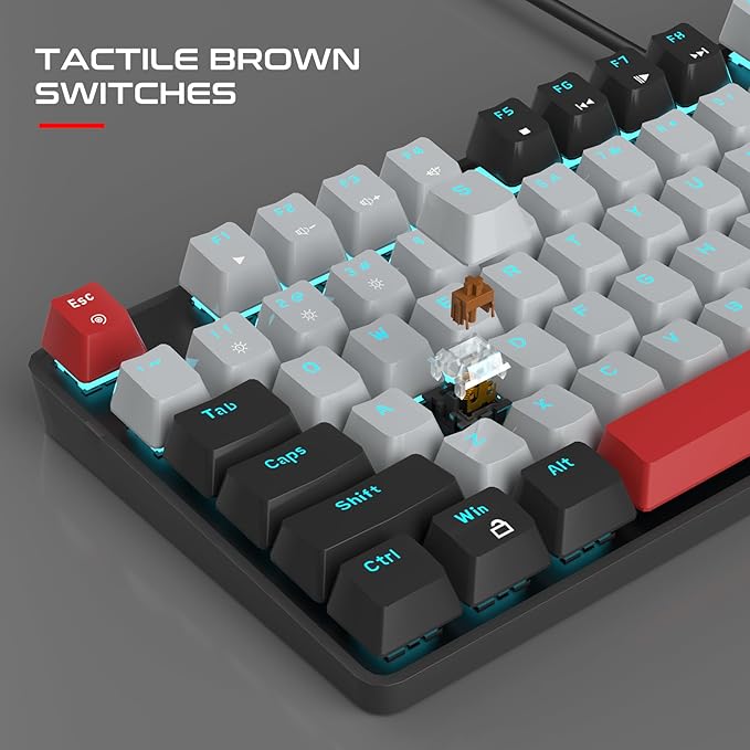 MageGee Mechanical Gaming Keyboard, 104 Keys Blue Backlit Keyboards with Brown Switches & Double-Shot Keycaps, USB Wired Mechanical Computer Keyboard for Laptop, Desktop, PC Gamers (Black & Gray)