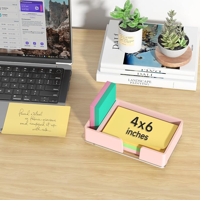 Sticky Note Holder with Pen Slot, Pink Acrylic Notepad Holder 4x6 in Self-Stick Note Dispenser Office Desk Accessories, Memo Pad Holder Organizer for Classroom School Supplies