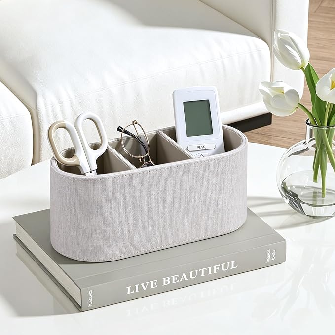 Aesthetic Remote Control Holder, PU Leather Remote Holder Desktop Organizers with 3 Compartments for Home Office Supplies and Accessories, Stylish Bedside Nightstand Organizer (Linen)