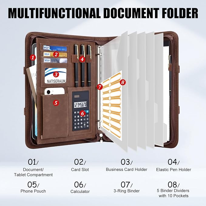 Portfolio Binder - 3 Ring Binder with Magnetic Handle, Vegan Leather Business Padfolio Folder with Notepad, Includes 5 Dividers with 10 Pockets for Documents Files