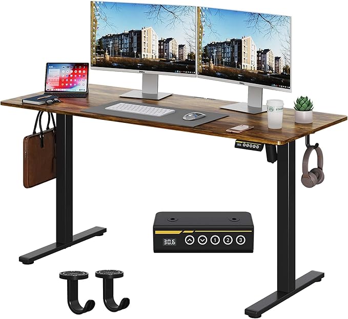 Large Electric Standing Desk,55x24 Inches Adjustable Height Stand up Desk, Sit Stand Home Office Desk, 3 Preset Heights,Equipped with Hooks,Ergonomic Computer Desk Workstation，Brown