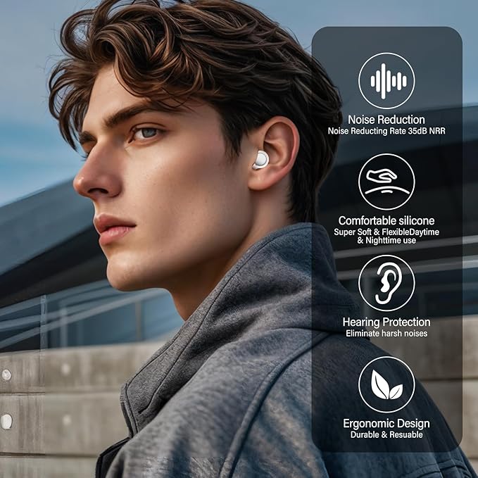 Ear Plugs, 35dB Silicone Earplugs with 4 Eartips and Carrying Case, Reusable Noise-Reducing Earplugs for Sleep, Everyday Noise Relief with Clear Speech for Sleep, Work, Study, Focus, White