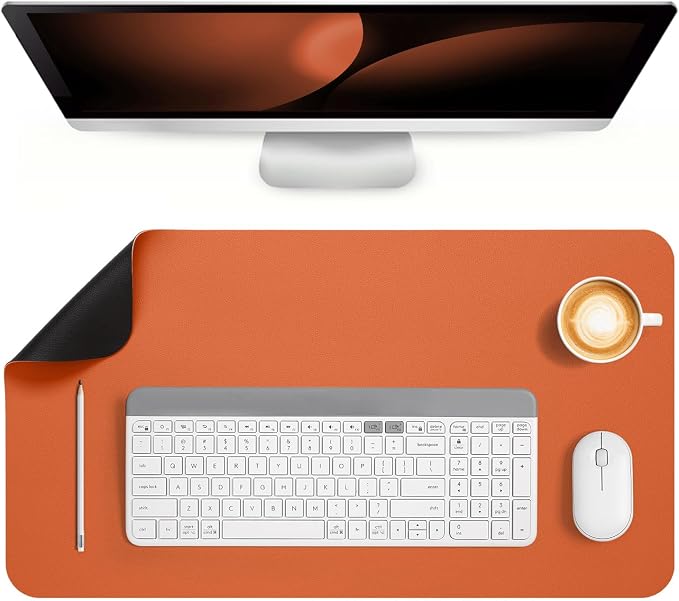 Dual Sided Desk Pad Faux Leather Desk Mat Large Mouse Pad | Desk Pad Protector Non-Slip Waterproof Desk Mouse Pad for Writing Desk, Office, Home(Orange Black 23.6"X13")
