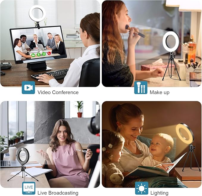 Video Conference Lighting Kit, LED Ring Light for Webcam Lighting, 3 Light Modes & 10 Dimmable Brightness Levels, for Virtual Meeting, Remote Working, Broadcasting, Live Streaming, Makeup