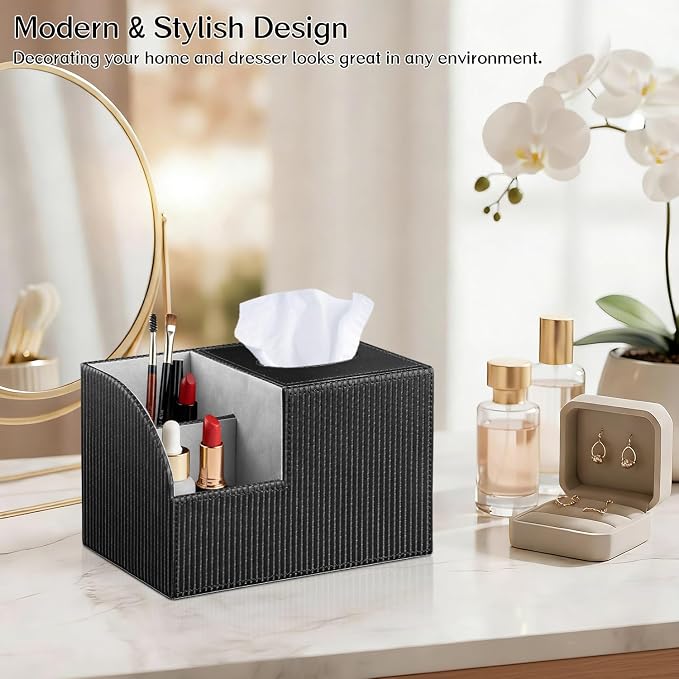 Square Tissue Box Cover with Storage, PU Leather Facial Cube Tissue Holder | Multifunction Remote Control Holder, Nightstand Organizer, Modern Desk Caddy for End Table Bathroom, Home, Office Decor