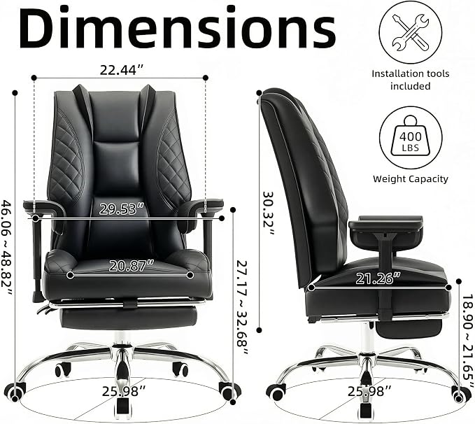 Big and Tall Office Chair Heavy Duty Wide Executive Office Chair (Black) | Breathable Leather，Double-layered Backrest，Seat Cushion Designed of Deluxe Embroidery Leather，Foot Rest, Adjustable Armrests