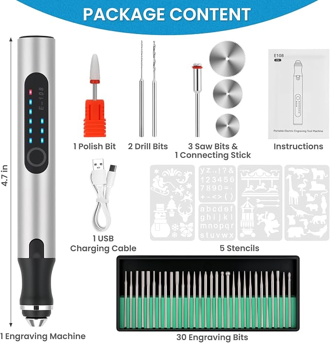 Electric Engraving Pen with 37 Bits, USB Rechargeable Cordless Etching Engraving Tool, Portable DIY Rotary Engraver for Jewelry Wood Glass Stone Carving (Silver)
