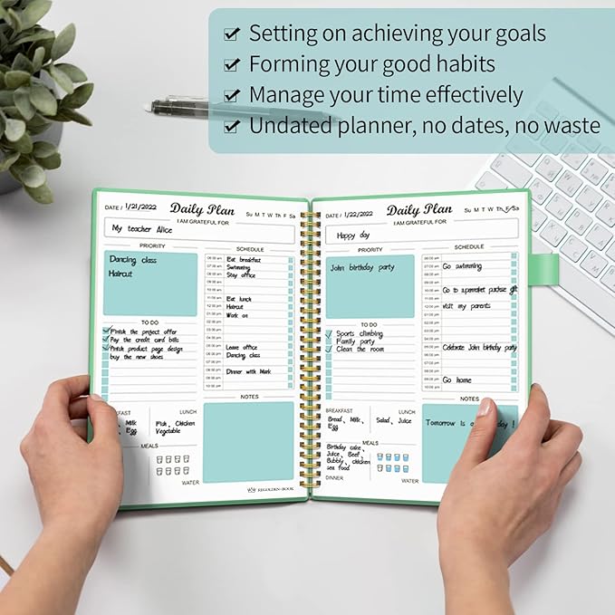 Daily Planner Undated, To Do List Notebook with Hourly Schedule Calendars Meal, Spiral Appointment Organizers Notebook for Man/Women, Pocket,Pen Loop, 160 Pages (7x10")
