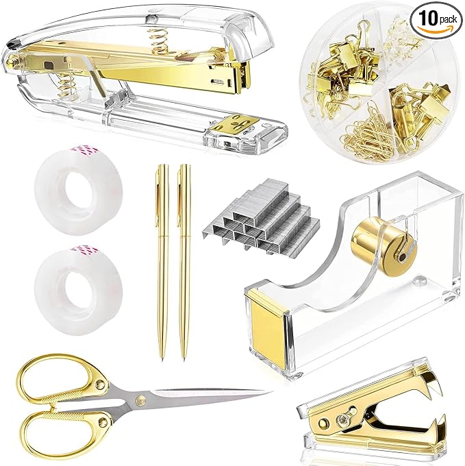 suniya Office Supplies Gold Desk Accessories Set Office Supplies Kit with Stapler, Tape Dispenser, Scissors, Staple Remover, Ballpoint Pen, Clear Tape & Staples – Best Gift for Business or Boss