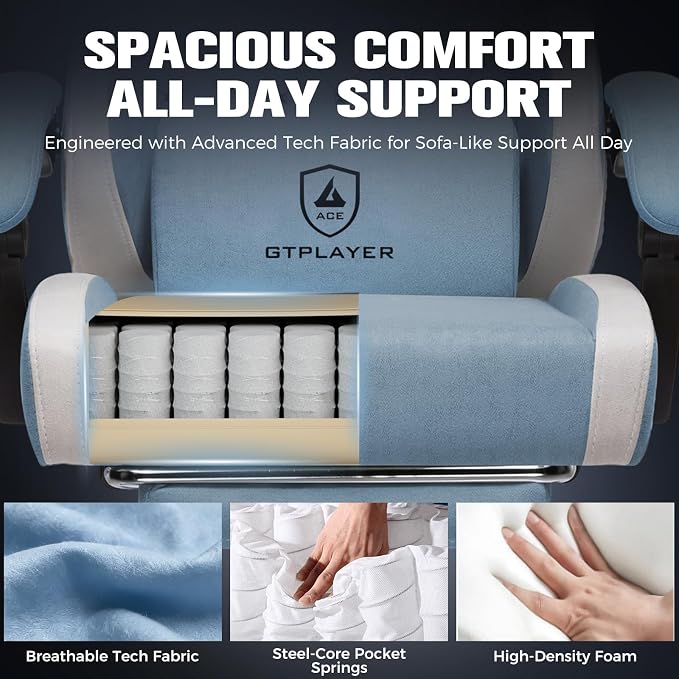 GTPLAYER Big and Tall Gaming Chair 350lbs Heavy Duty Office Chair with Foot Rest, High Back Pocket Spring Ergonomic Computer Chair for Adults,Wide Comfy Seated Cushion with Linkage Armrests,Light Blue
