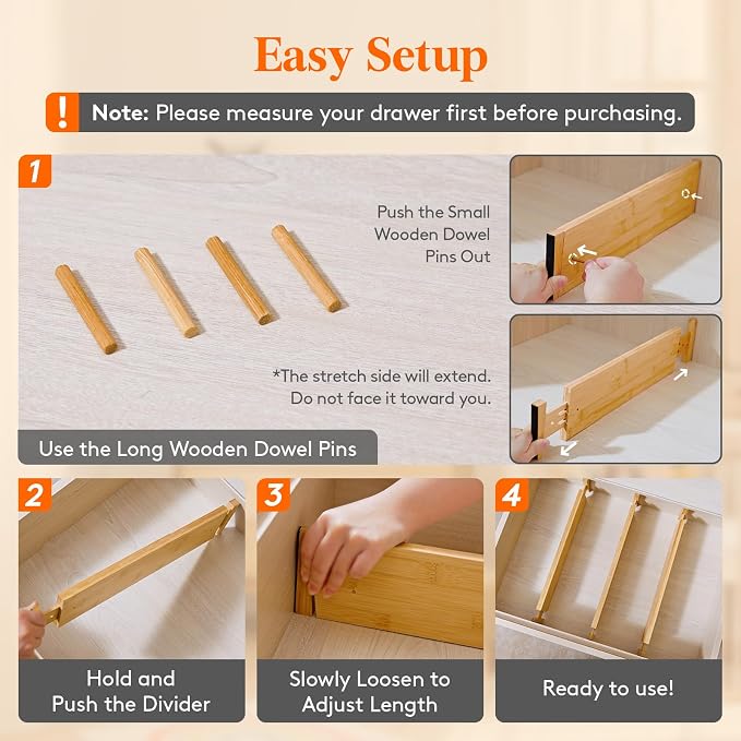 Lifewit 4" High 8 Pack Bamboo Drawer Dividers 43-54cm/17-21.5" Adjustable Wooden Drawer Organizer for Clothes/Utensils, Expandable Drawer Separator for Dresser/Kitchen/Bedroom/Office Organization