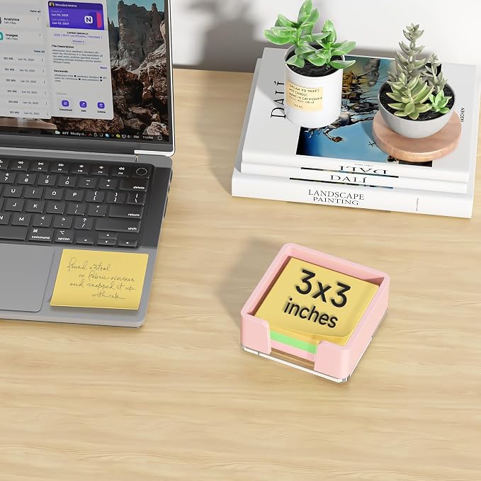 Sticky Note Holder, Pink Acrylic Notepad Holder 3x3 in Self-Stick Note Dispenser Office Desk Accessories, Memo Pad Holder Organizer for Classroom School Supplies