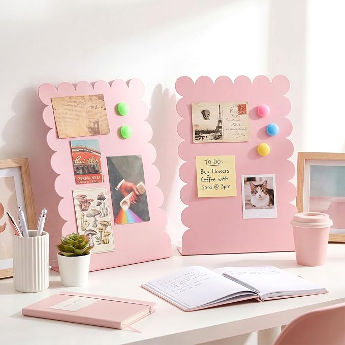 Gueevin 2 Pcs Magnet Board Standing Magnetic Metal Board for Desk and Wall Scalloped Magnetic Display Stand for Memos Photos and Documents Home Office School Desk Storage Decoration(Pink,Large)