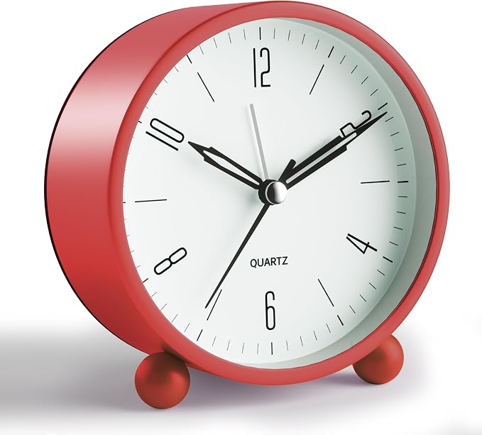 Analog Alarm Clock, 4 inch Super Silent Non Ticking Small Clock with Night Light, Battery Operated, Simple Design, Old Fashioned Style Wine-red Decor, for Bedroom, Bedside, Desk, Adult, Gift, Red