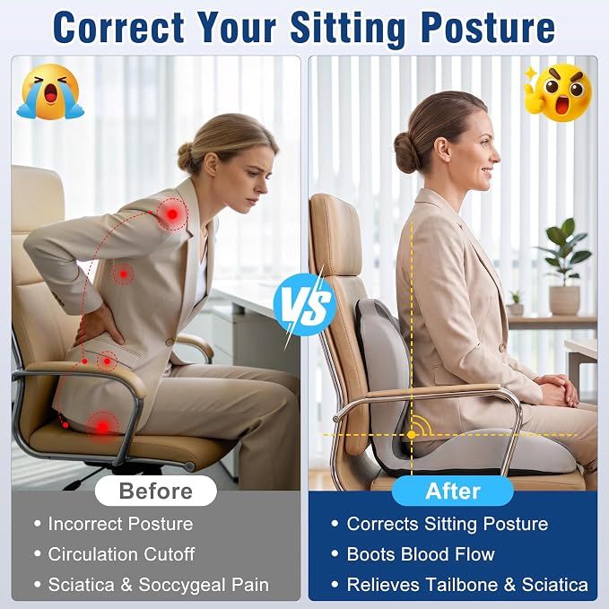 Car Seat Cushion with Lumbar Support Pillow, Memory Foam Office Chair Cushion for Back Pain Sciatica Pain Relief, Ergonomic L-Shaped Seat Cushion for Car Truck Driving Office Chair Home (Back Gray)