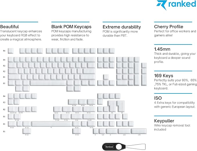 Ranked POM Jelly Premium Translucent Keycap Set | 1.45 mm Thick POM | Cherry Profile for Custom Mechanical Keyboard (White, 169 Keys)