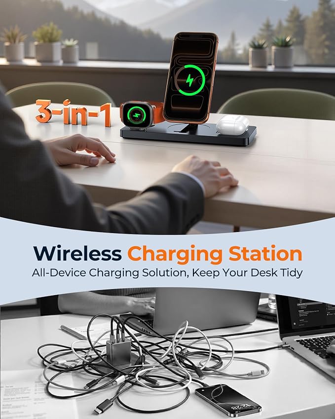 Foldable 3-in-1 Wireless Charging Station for Apple Magsafe Charger Stand, Travel-Friendly Fast Magnetic Wireless Charger Station for iPhone 17/16/15/14/13/12, Apple Watch & AirPods Series, Black