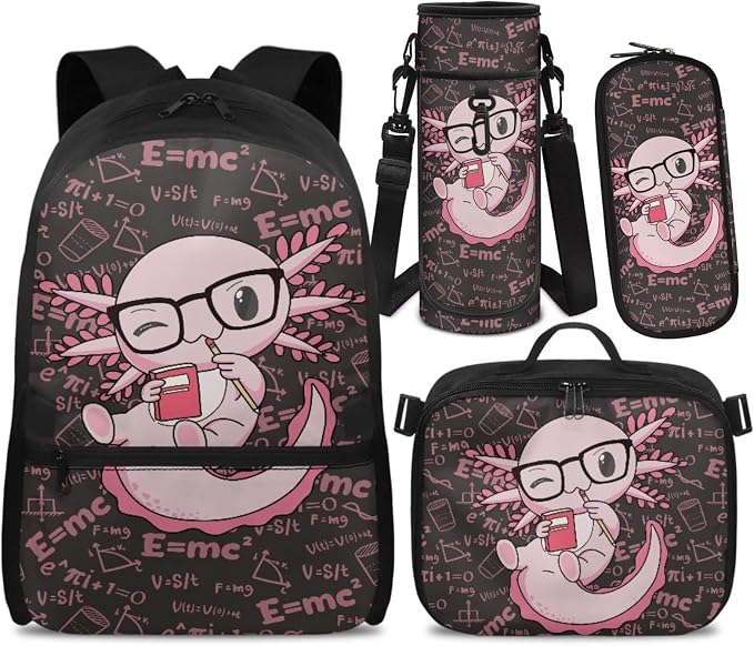 Doojoayie Pink Axolotl Backpack for Elementary School Kawaii Kids Backpacks for Girls with Lunch Box Fashion Lightweight Bookbag with Padded Wide Shoulder Straps for Back to School